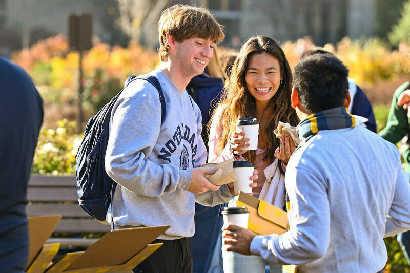 Students enjoy bagels and coffee on South Quad