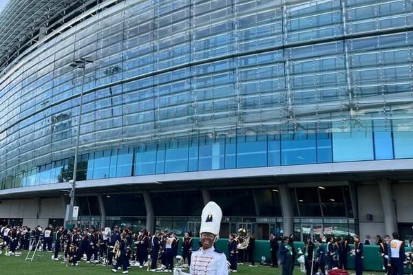 Savannah Carr stands outside of Aviva Stadium in Dublin, Ireland.