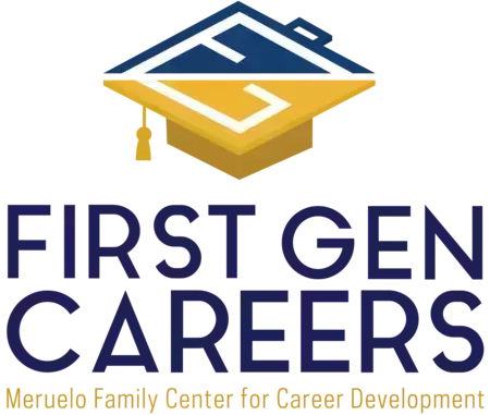 Blue and gold logo featuring stylized letters F and G forming a house outline and a graduation cap. Below, "FIRST GEN CAREERS" and "Meruelo Family Center for Career Development."