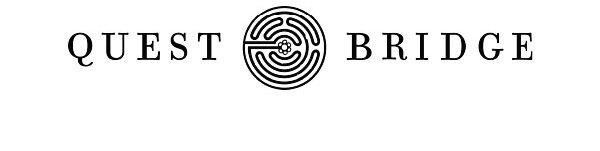 QUEST BRIDGE text with a circular black labyrinth symbol featuring a small circular center.